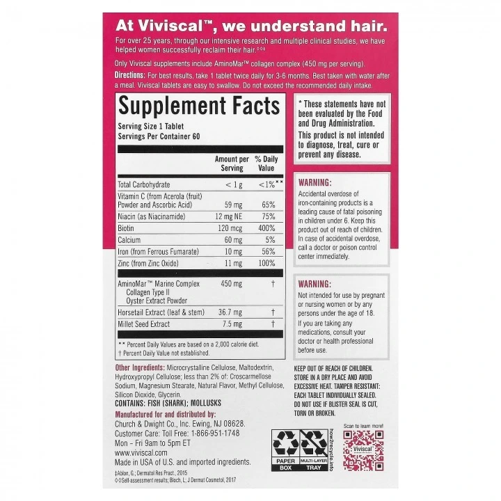 Suplement na porost włosów przy różnych rodzajach łysienia u kobiet, 60 tabletek, Viviscal