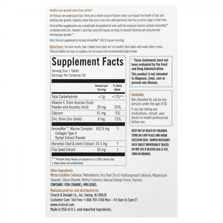 Suplement dla mężczyzn, wspomagający zdrowie włosów przy łysieniu, 60 tabl, Viviscal