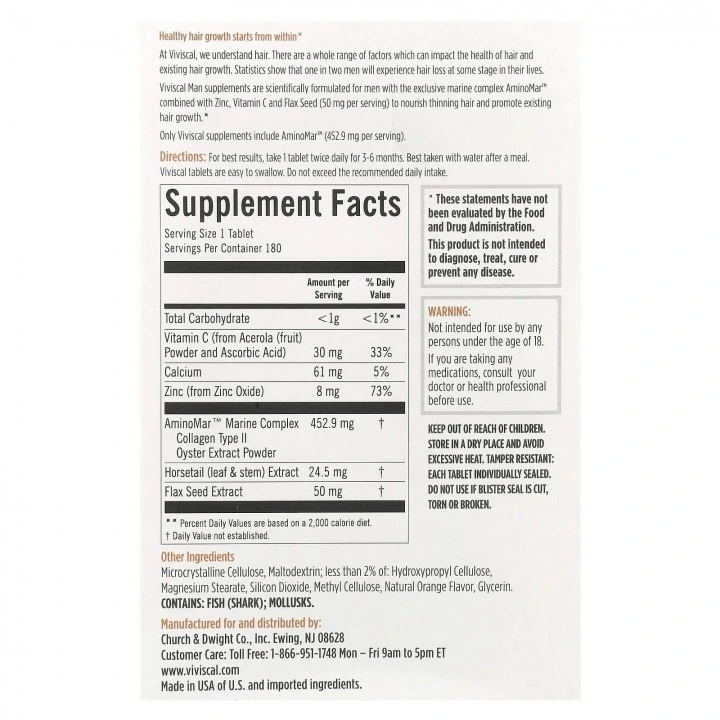 Suplement dla mężczyzn, wspomagający zdrowie włosów przy łysieniu, 180 tabletek, Viviscal