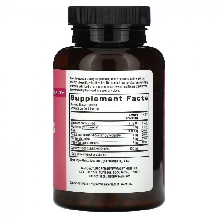 Keratyna Cynatine dla włosów i paznokci z biotyną i minerałami, 60 kaps, Reserveage Beauty