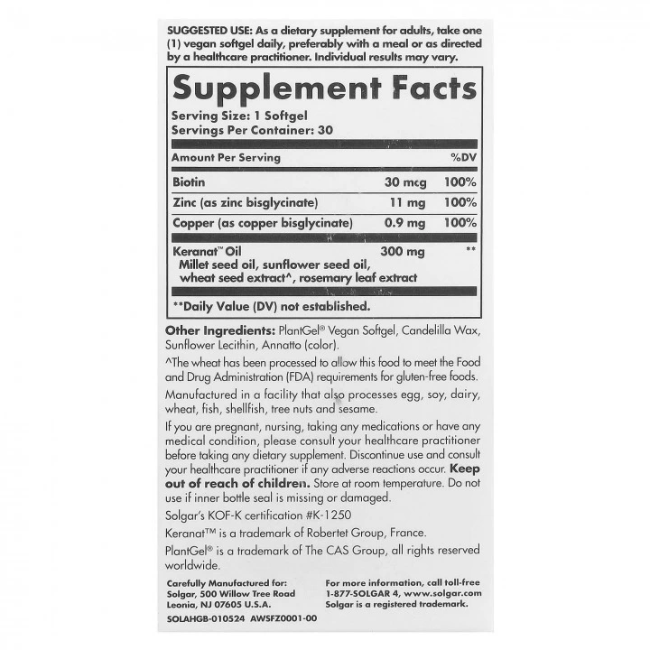 Odżywianie przeciwstarzeniowe, WZROST WŁOSÓW, Keranat i biotyna, 30 kaps, Solgar