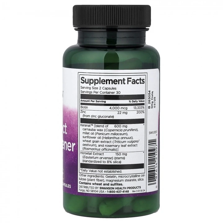 Kompleks na zagęszczenie włosów z pełnym efektem, Keranat, biotyna, 60 kaps, Swanson