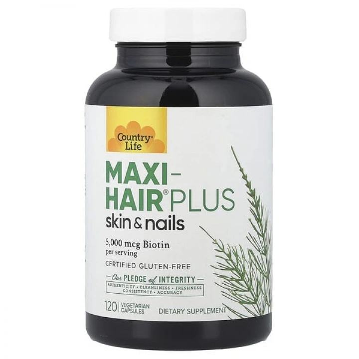 Witaminy na włosy Maxi-Hair Plus z biotyną 5000 μg, 120 kaps, Country Life