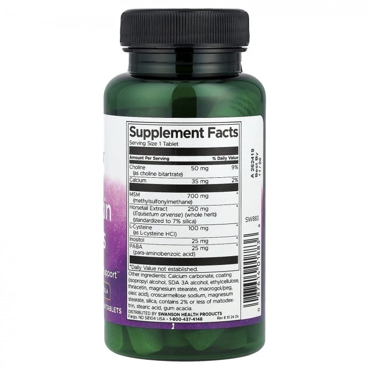 Kompleks dla włosów, skóry i paznokci z MSM, krzemem i cysteina, 60 tabl, Swanson