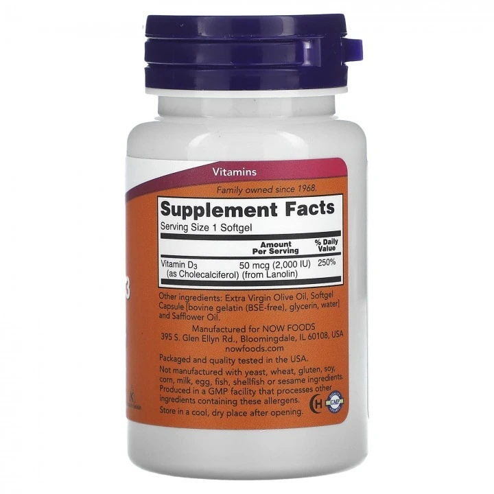Witamina D3, wysokoaktywna, 2000 IU, 120 kapsułek, NOW Foods
