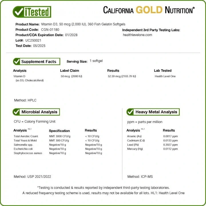 Witamina D3, 2000 IU, 360 kapsułek, California Gold Nutrition