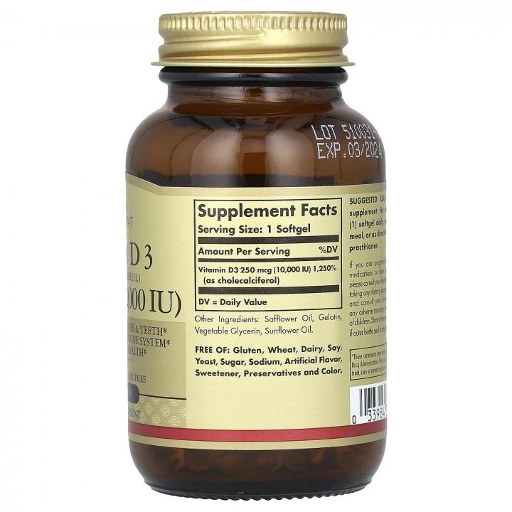 Witamina D3 10 000 IU dla szybkiego uzupełnienia niedoboru, 120 kaps, Solgar