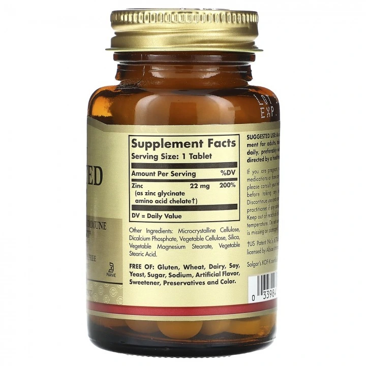 Chelat cynku, wsparcie antyoksydacyjne, 22 mg, 100 tabletek, Solgar