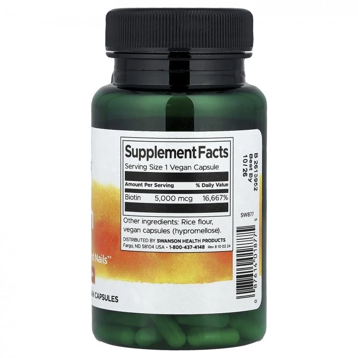 Biotyna na wypadanie włosów, łysienie, łojotok, 5000 µg, 100 kaps, Swanson