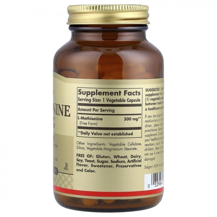 Metionina dla gęstych włosów i przedwczesnej siwizny, 500 mg, 90 kaps, Solgar