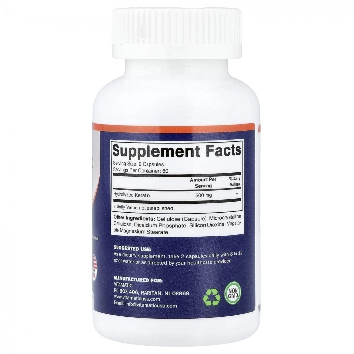 Keratyna do odbudowy struktury i gęstości włosów, 250 mg, 120 kaps, Vitamatic