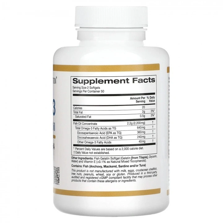 Premium olej rybi z OMEGA-3 dla odżywienia włosów, 1100 mg, 100 kaps, California Gold Nutrition