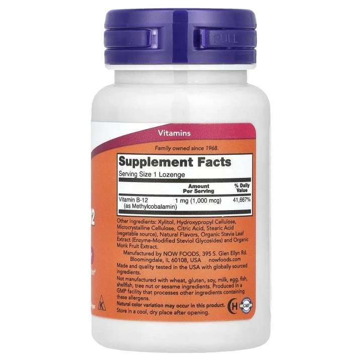 Witamina B-12 na wypadanie i siwienie włosów, 1000 µg, 100 tabl, NOW Foods