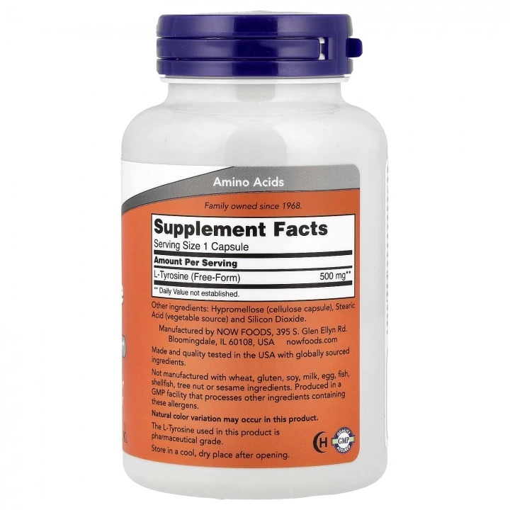 Tyrozyna dla tarczycy, przeciw siwieniu włosów, 500 mg, 120 kaps, NOW Foods