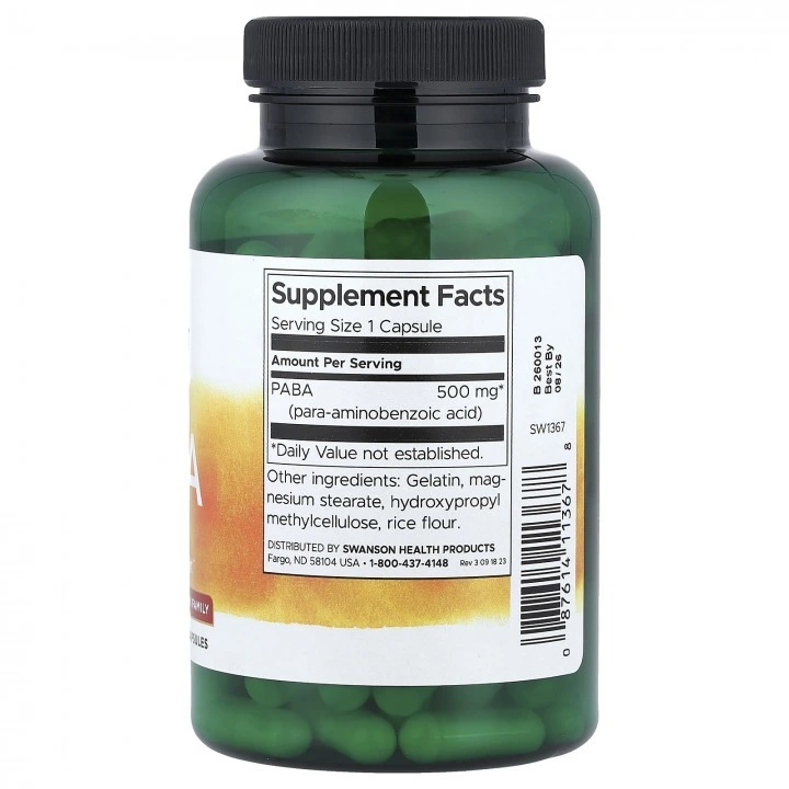 Witamina B10 (PABA), wsparcie wzrostu i pigmentacji włosów, 500 mg, 120 kaps, Swanson