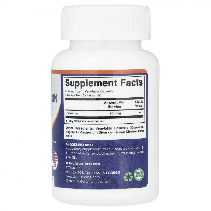 Laktoferyna na odporność, wchłanianie żelaza i wzrost włosów, 250 mg, 60 kaps, Vitamatic