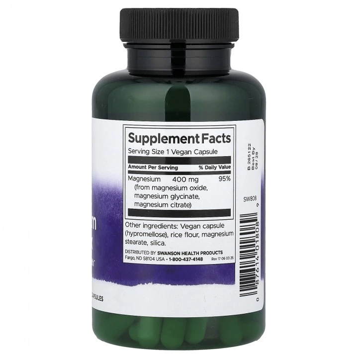 Kompleks potrójnego magnezu dla układu nerwowego i wzrostu włosów, 400 mg, 100 kaps, Swanson