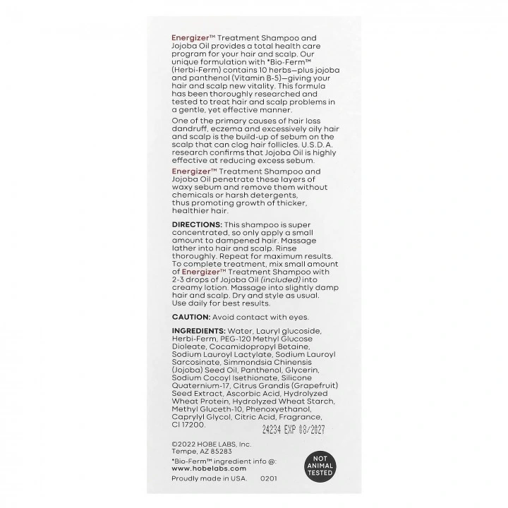 Leczniczy szampon na gęstsze włosy z ziołami, witaminą B5 i jojobą Energizer, Hobe Labs