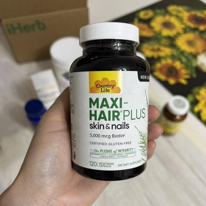 Витамины для волос Maxi-Hair Plus с биотином 5000 мкг, 120 капсул, Country Life