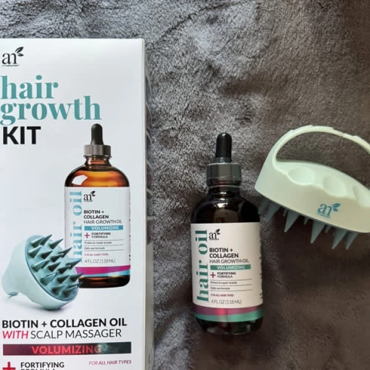 Zestaw do włosów: masażer i olejek z biotyną, kolagenem i jojobą, artnaturals
