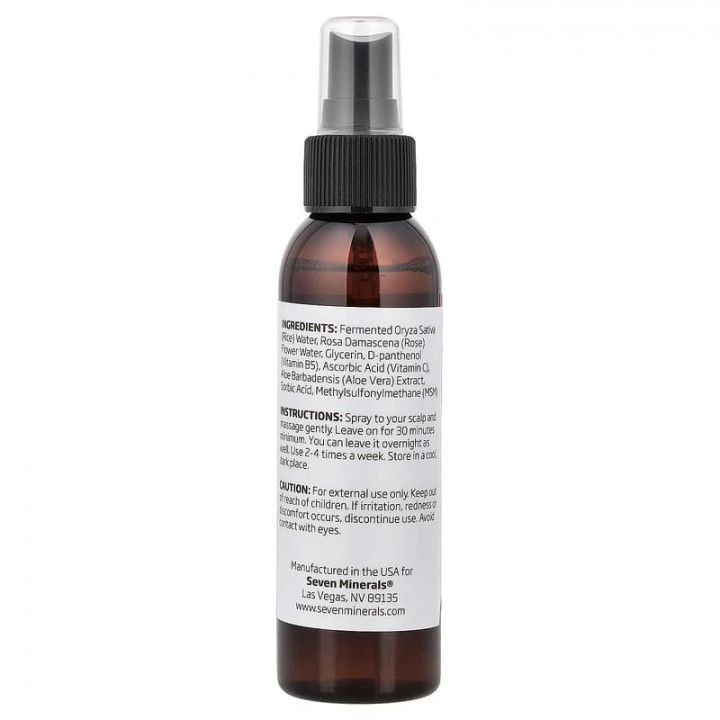 Spray na rzadkie włosy i AGA z wodą ryżową, różą, aloesem i siarką MSM, Seven Minerals