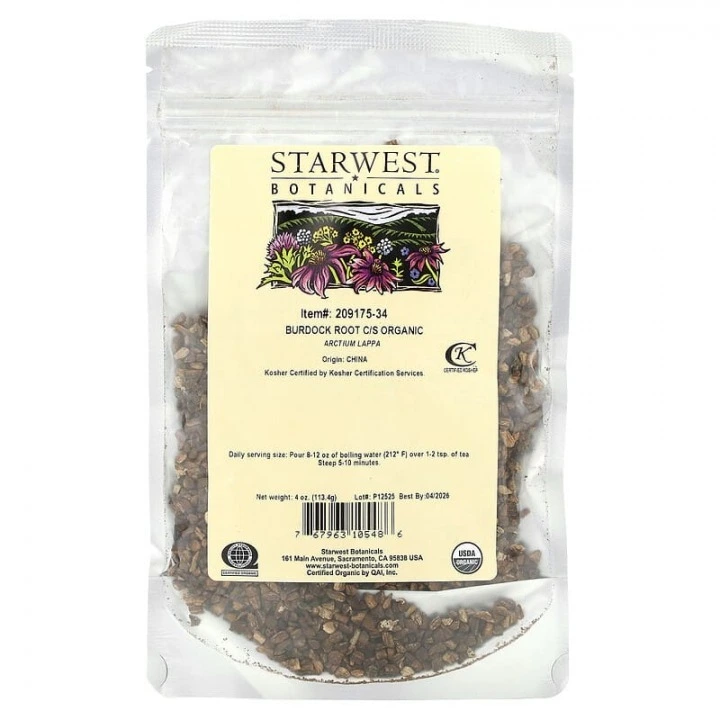 Korzeń łopianu organiczny do nalewek i odwarów przeciw wypadaniu włosów, 113 g, Starwest Botanicals