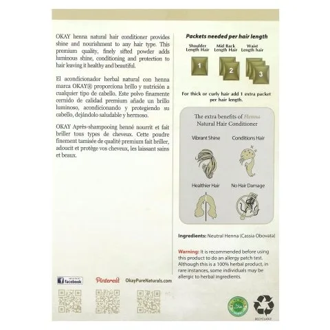 Хна бесцветная для укрепления корней и блеска волос, Okay Pure Naturals