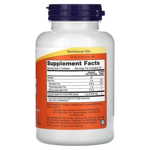 Тыквенное масло от выпадения волос и алопеции, АГА, 1000мг, 100 капс, NOW Foods