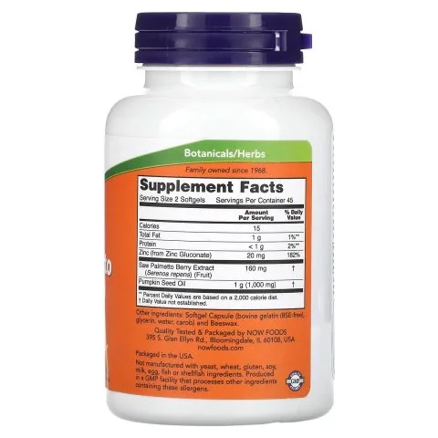 Экстракт Сереноа с маслом тыквы и цинком от выпадения и АГА, 90 капс, NOW Foods