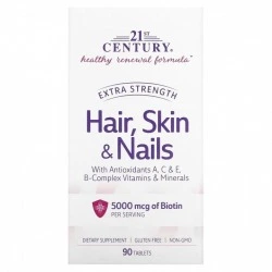 Witaminy dla włosów, skóry i paznokci z biotyną i kolagenem, 90 tabletek, 21st Century